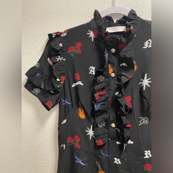 Sandro Wendy Tattoo Print Dress Silk Ruffle Trim Aline Side Zipper Size 2 $495 - Picture 6 of 11